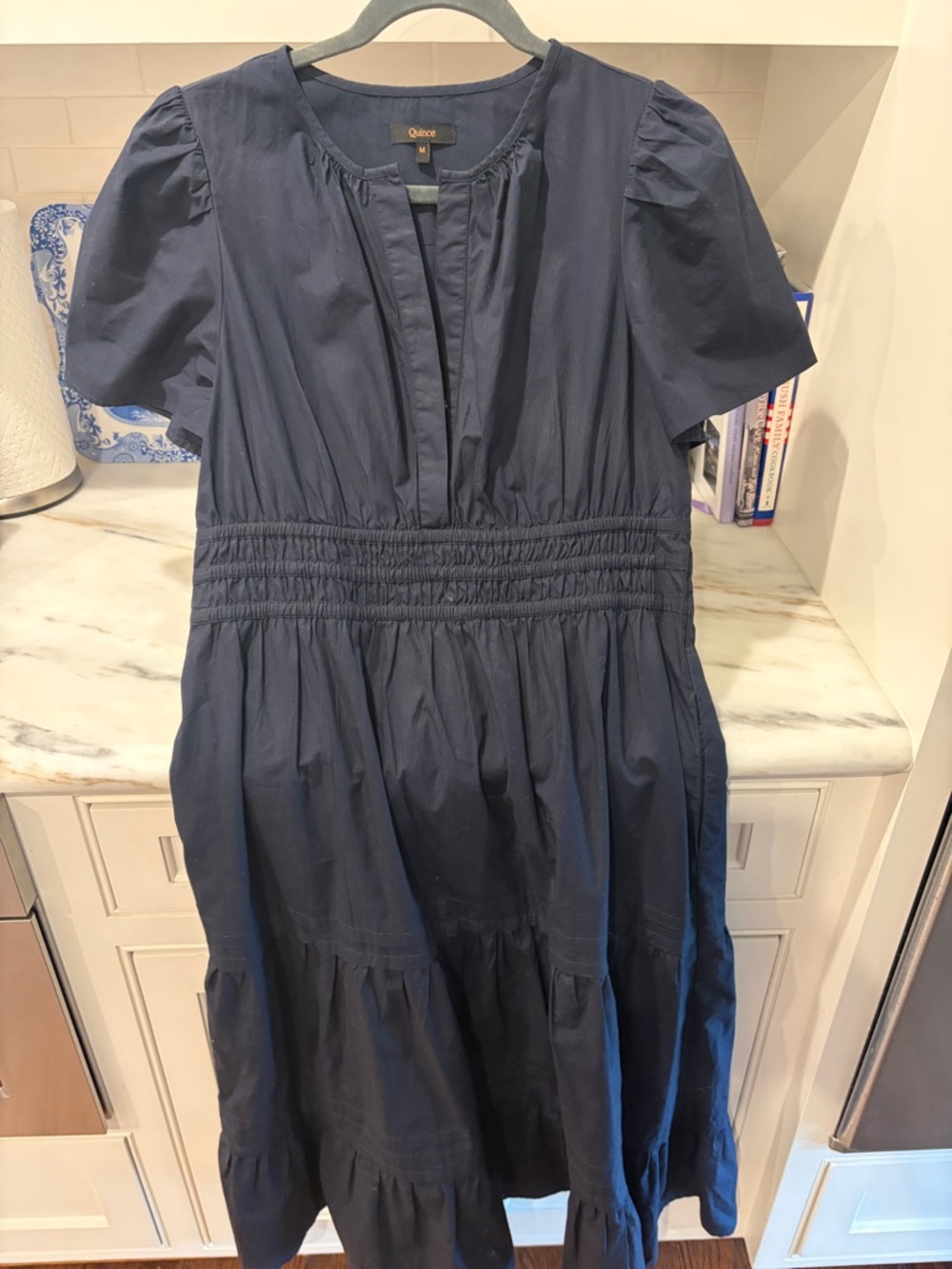 Quince Navy Short-Sleeve Smocked Waist Tiered Dress